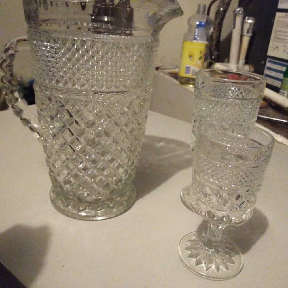 Vintage Indian Glass pitcher and 4 tall and 4 smal